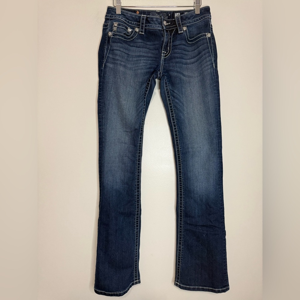 Miss Me Dark Blue Signature Boot Cut Jeans with sequin pockets in size 28